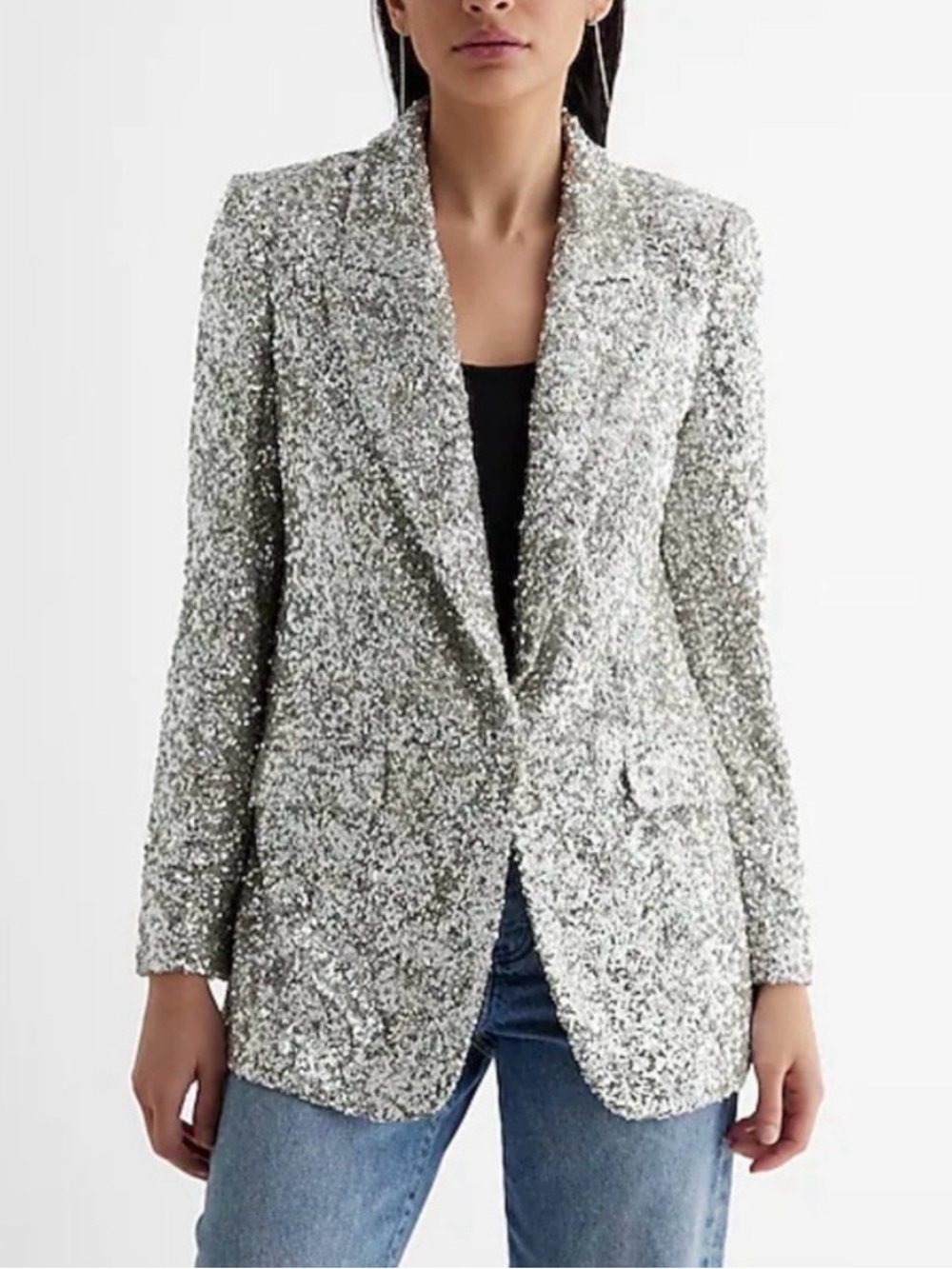 Express Silver Sequin Boyfriend Blazer Women’s Medium Worn Once